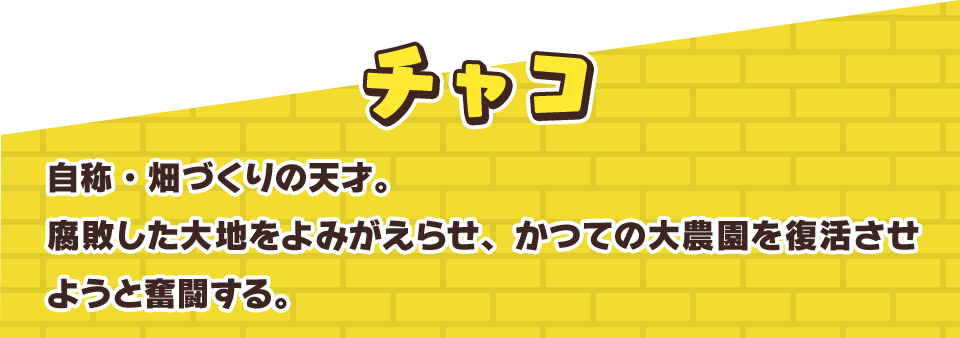 チャコ　自称・畑づくりの天才。腐敗した大地をよみがえらせ、かつての大農園を復活させようと奮闘する。