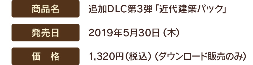 【商品名】追加DLC第3弾「近代建築パック」　【発売日】2019年5月30日(木)　【価格】1,320円(税込)（ダウンロード販売のみ）