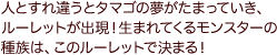 人とすれ違うとタマゴの夢がたまっていき、ルーレットが出現！生まれてくるモンスターの種族は、このルーレットで決まる！