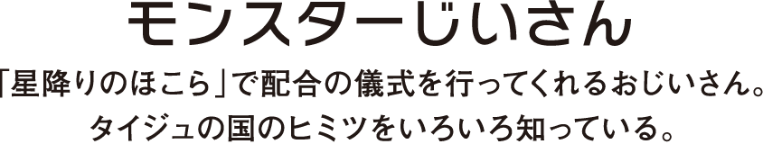 「星降りのほこら」で配合の儀式を行ってくれるおじいさん。タイジュの国のヒミツをいろいろ知っている。