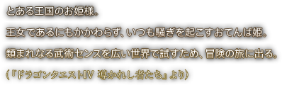 とある王国のお姫様。王女であるにもかかわらず、いつも騒ぎを起こすおてんば姫。類まれなる武術センスを広い世界で試すため、冒険の旅に出る。（『ドラゴンクエストIV 導かれし者たち』より）