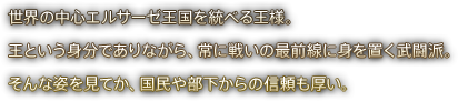 世界の中心エルサーゼ王国を統べる王様。王という身分でありながら、常に戦いの最前線に身を置く武闘派。そんな姿を見てか、国民や部下からの信頼も厚い。