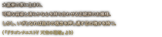 大富豪の家に生まれ、可憐な容姿と清らかな心を持ち合わせる正統派のお嬢様。しかし、いざとなれば自分の信念を押し通す芯の強さを持つ。（『ドラゴンクエストV 天空の花嫁』より）