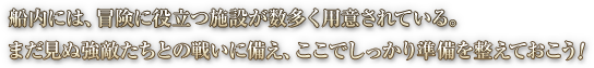 船内には、冒険に役立つ施設が数多く用意されている。まだ見ぬ強敵たちとの戦いに備え、ここでしっかり準備を整えておこう！