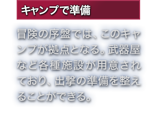 キャンプで準備 冒険の序盤では、このキャンプが拠点となる。武器屋など各種施設が用意されており、出撃の準備を整えることができる。