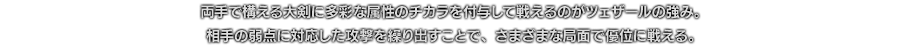 両手で構える大剣に多彩な属性のチカラを付与して戦えるのがツェザールの強み。相手の弱点に対応した攻撃を繰り出すことで、さまざまな局面で優位に戦える。