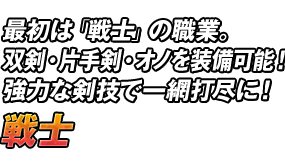 最初は「戦士」の職業。双剣・片手剣・オノを装備可能！強力な剣技で一網打尽に！「戦士」