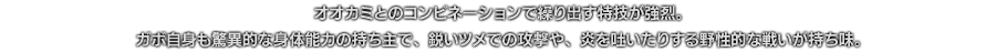 オオカミとのコンビネーションで繰り出す特技が強烈。ガボ自身も驚異的な身体能力の持ち主で、鋭いツメでの攻撃や、炎を吐いたりする野性的な戦いが持ち味。