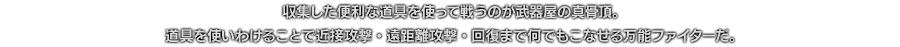 収集した便利な道具を使って戦うのが武器屋の真骨頂。道具を使いわけることで近接攻撃・遠距離攻撃・回復まで何でもこなせる万能ファイターだ。