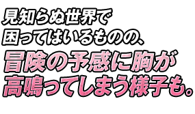 見知らぬ世界で困ってはいるものの、冒険の予感に胸が高鳴ってしまう様子も。