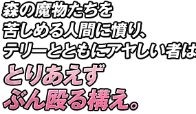 森の魔物たちを苦しめる人間に憤り、テリーとともにアヤしい者はとりあえずぶん殴る構え。