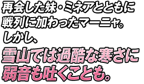 再会した妹・ミネアとともに戦列に加わったマーニャ。しかし、雪山では過酷な寒さに弱音も吐くことも。