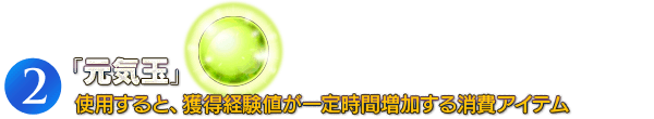 (2)「元気玉」使用すると、獲得経験値が一定時間増加する消費アイテム