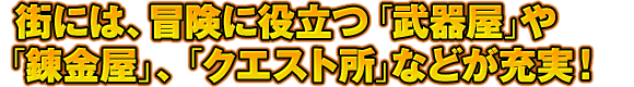 街には、冒険に役立つ「武器屋」や「錬金屋」、「クエスト所」などが充実！