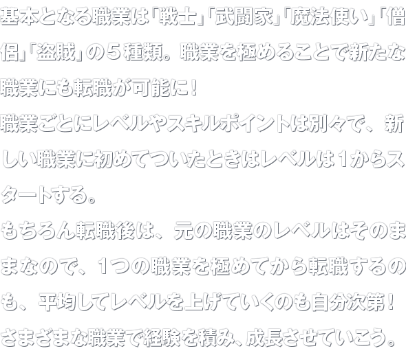 基本となる職業は「戦士」「武闘家」「魔法使い」「僧侶」「盗賊」の5種類。職業を極めることで新たな職業にも転職が可能に！職業ごとにレベルやスキルポイントは別々で、新しい職業に初めてついたときはレベルは1からスタートする。もちろん転職後は、元の職業のレベルはそのままなので、1つの職業を極めてから転職するのも、平均してレベルを上げていくのも自分次第！さまざまな職業で経験を積み、成長させていこう。