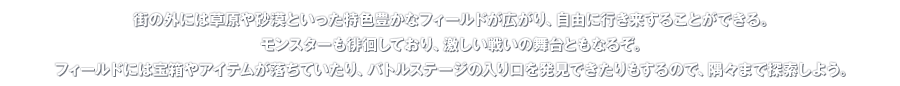 街の外には草原や砂漠といった特色豊かなフィールドが広がり、自由に行き来することができる。モンスターも徘徊しており、激しい戦いの舞台ともなるぞ。フィールドには宝箱やアイテムが落ちていたり、バトルステージの入り口を発見できたりもするので、隅々まで探索しよう。