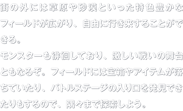 街の外には草原や砂漠といった特色豊かなフィールドが広がり、自由に行き来することができる。モンスターも徘徊しており、激しい戦いの舞台ともなるぞ。フィールドには宝箱やアイテムが落ちていたり、バトルステージの入り口を発見できたりもするので、隅々まで探索しよう。