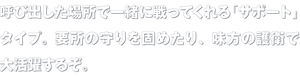 呼び出した場所で一緒に戦ってくれる「サポート」タイプ。要所の守りを固めたり、味方の護衛で大活躍するぞ。