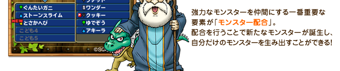 強力なモンスターを仲間にする一番重要な要素が「モンスター配合」。配合を行うことで新たなモンスターが誕生し、自分だけのモンスターを生み出すことができる！