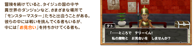 冒険を続けていると、タイジュの国の中や異世界のダンジョンなど、さまざまな場所で「モンスターマスター」たちと出会うことがある。彼らの中には戦いを挑んでくる者もいるが、中には「お見合い」を持ちかけてくる者も。