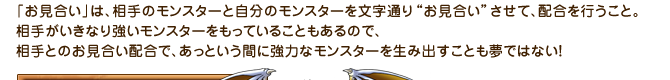 「お見合い」は、相手のモンスターと自分のモンスターを文字通り“お見合い”させて、配合を行うこと。相手がいきなり強いモンスターをもっていることもあるので、相手とのお見合い配合で、あっという間に強力なモンスターを生み出すことも夢ではない！