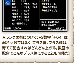 ↑ランクの右についている数字「＋６４」は配合回数ではなく、プラス値。プラス値は、育てて配合すればどんどん上がる。数回の配合でこんなプラス値にすることも可能だ！