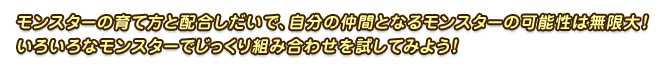 モンスターの育て方と配合しだいで、自分の仲間となるモンスターの可能性は無限大！いろいろなモンスターでじっくり組み合わせを試してみよう！