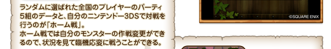 ランダムに選ばれた全国のプレイヤーのパーティ５組のデータと、自分のニンテンドー3DSで対戦を行うのが「ホーム戦」。ホーム戦では自分のモンスターの作戦変更ができるので、状況を見て臨機応変に戦うことができる。