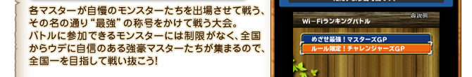 各マスターが自慢のモンスターたちを出場させて戦う、その名の通り“最強”の称号をかけて戦う大会。バトルに参加できるモンスターには制限がなく、全国からウデに自信のある強豪マスターたちが集まるので、全国一を目指して戦い抜こう！