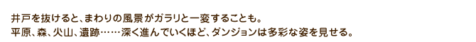 井戸を抜けると、まわりの風景がガラリと一変することも。平原、森、火山、遺跡……深く進んでいくほど、ダンジョンは多彩な姿を見せる。