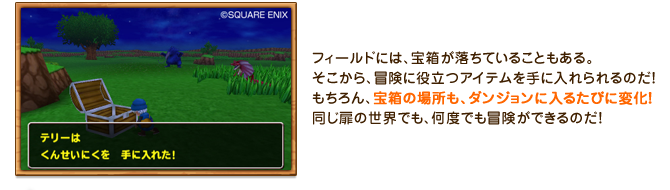 フィールドには、宝箱が落ちていることもある。そこから、冒険に役立つアイテムを手に入れられるのだ！もちろん、宝箱の場所も、ダンジョンに入るたびに変化！同じ扉の世界でも、何度でも冒険ができるのだ！