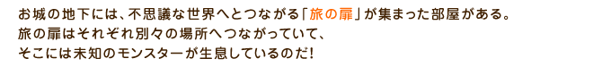 お城の地下には、不思議な世界へとつながる「旅の扉」が集まった部屋がある。旅の扉はそれぞれ別々の場所へつながっていて、そこには未知のモンスターが生息しているのだ！