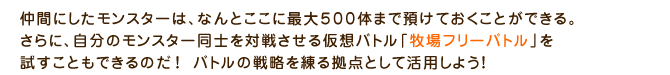 仲間にしたモンスターは、なんとここに最大５００体まで預けておくことができる。さらに、自分のモンスター同士を対戦させる仮想バトル「牧場フリーバトル」を試すこともできるのだ！バトルの戦略を練る拠点として活用しよう！