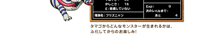 タマゴからどんなモンスターが生まれるかは、ふ化してからのお楽しみ！