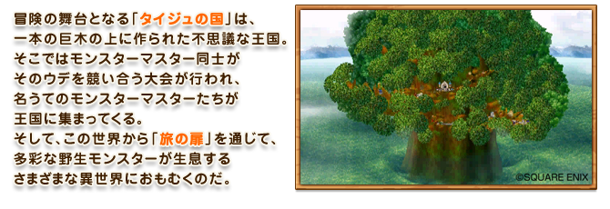 冒険の舞台となる「タイジュの国」は、一本の巨木の上に作られた不思議な王国。そこではモンスターマスター同士がそのウデを競い合う大会が行われ、名うてのモンスターマスターたちが王国に集まってくる。そして、この世界から「旅の扉」を通じて、多彩な野生モンスターが生息するさまざまな異世界におもむくことができるのだ。